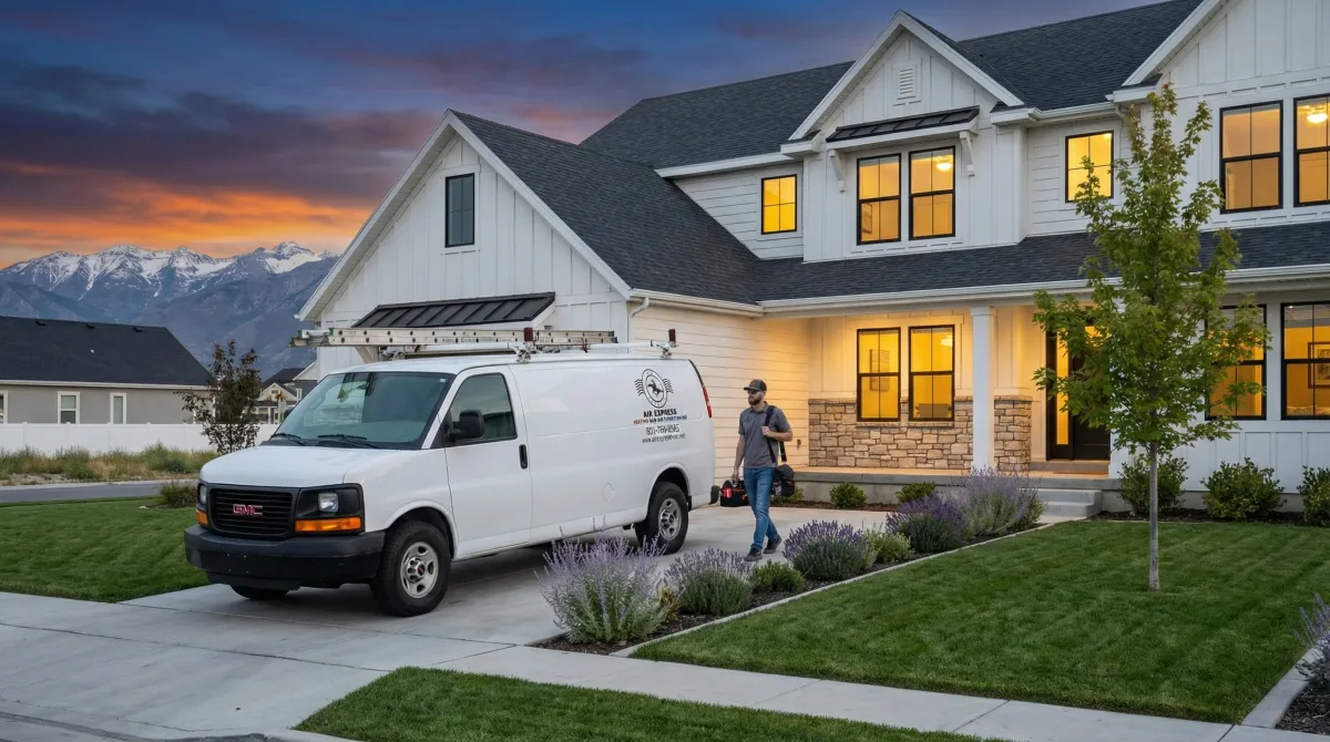 Air Express HVAC technician arriving at a Utah home for an emergency call at dusk with the Wasatch Mountains in the background